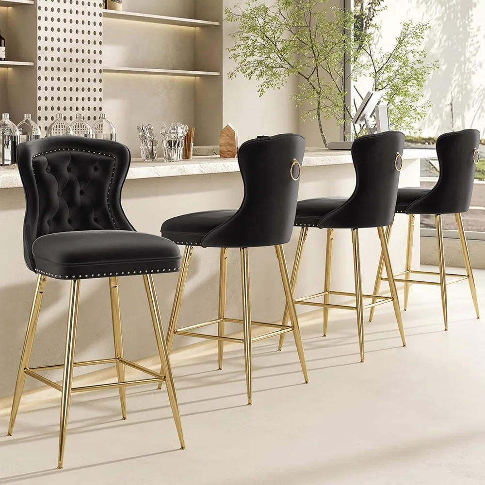 Bar Stools Set of 4, Velvet Counter Height Bar Stools with Metal Legs, Button Tufted and Nailheads Trim, Wing-Back Bar Chairs