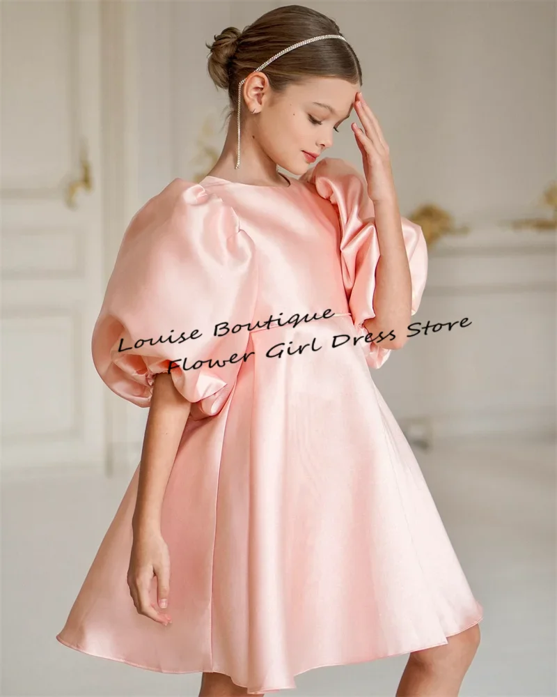 Louise Semplice A-Line Abiti da ragazza di fiore Fiocco in raso Ragazze Festa di nozze Abito da prima comunione O-Collo Abiti al ginocchio Personalizzati