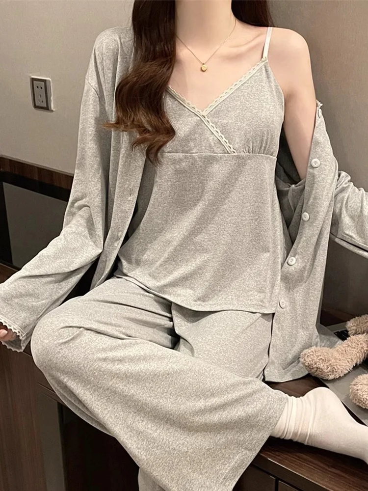 Casual Long Sleeve Lace Vest Pajama 3 Piece Set Sexy Sweet Nightgown Cosplay Sexy Pajama 2024 New Autumn Winter Home Pajama Set