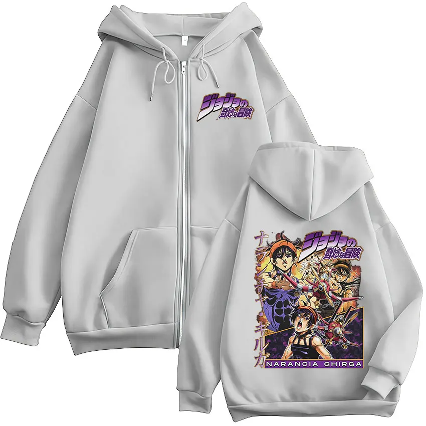 أنيمي جوجو مغامرة غريبة Narancia Ghirga الجرافيك قلنسوة بسحاب الرجال النساء الملابس الكرتون مانغا المتضخم زمم سترة