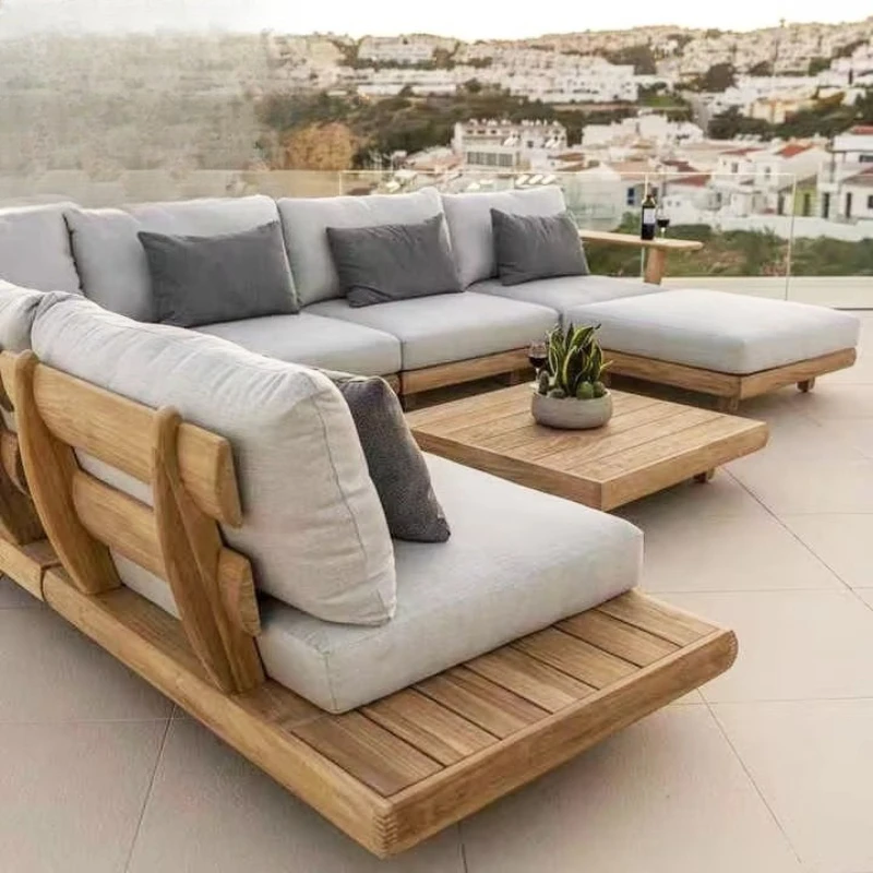 أريكة خارجية حديثة من الخشب الصلب على شكل حرف L طقم أريكة لغرفة المعيشة