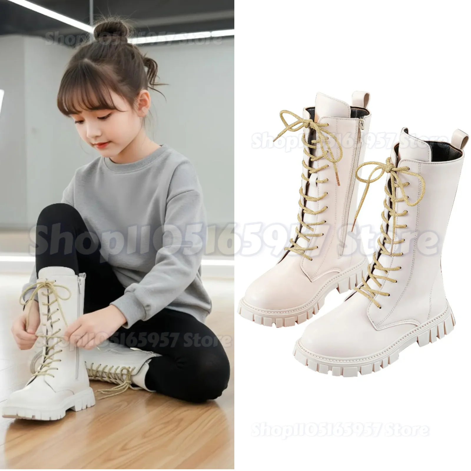 

Elegant Zipper Baby Girl Casual Fashion Boots Autumn/winter Round Toe Warm Thick Sole Lace Comfortable Children's Midsole Boots