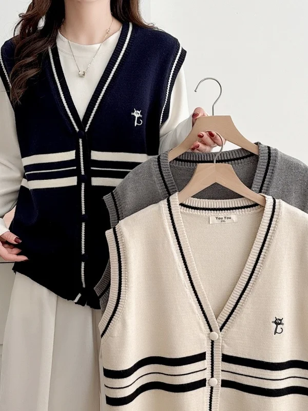 

Slimming Effect V-Neck Embroidered Knitted Vest Women's Striped Color Block Layering Outerwear Shoulder Pad Top