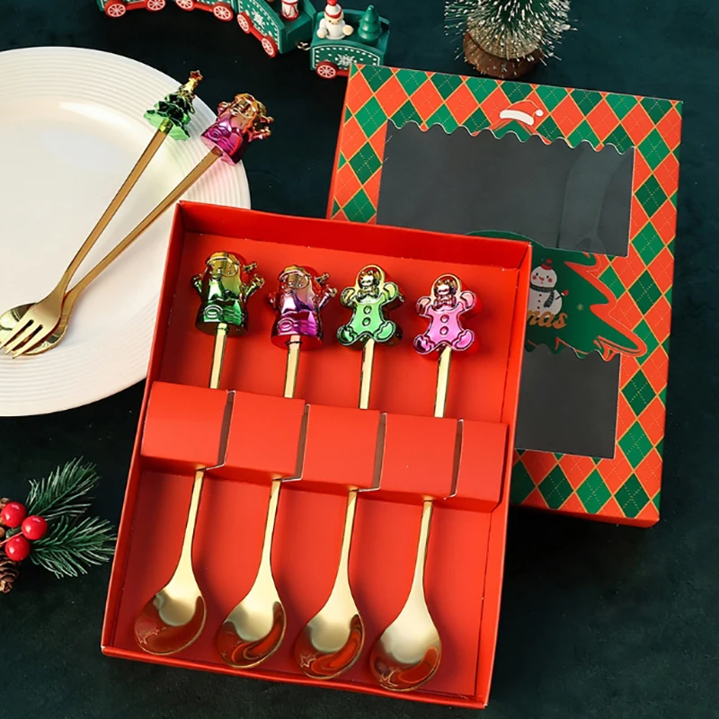 عيد الميلاد مجموعة أدوات المائدة الفولاذ المقاوم للصدأ المعادن الواجهة دمية القهوة ملعقة الحلوى/ الحلويات شوكة الفاكهة هدايا عيد الميلاد ديكور سانتا كلوز ملعقة تزيين