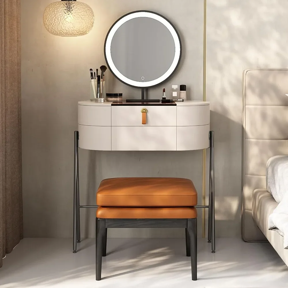 Premium Vanity Table, Very Easy to Assemble, Removable LED Vanity Mirror,Storage Dressing Table Makeup Stool Set, Super Storage