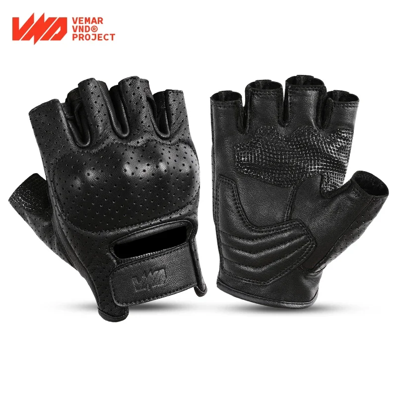 

VND Summer Half Finger Genuine Leather Motorcycle Gloves Breathable Retro Biker Men Women Non-slip Riding Moto Motorbike Gloves