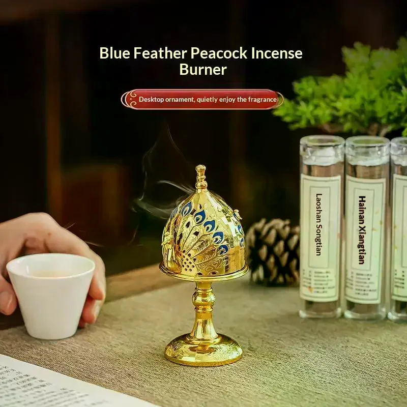 Peacock Incense Burner With Hollow Carving Blue Enamel Accents For Home Decor Meditation Tea Room Gold