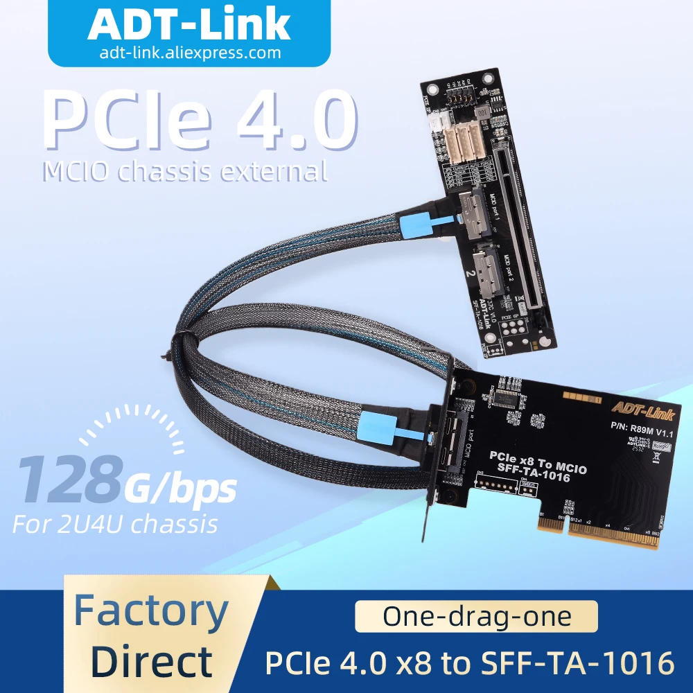 ADT-Link 128G/bps PCIe 4.0 X8 to MCIO SFF-TA-1016 Adapter External Graphics Card GPU Split Card Expansion For MCIO 2U 4U Chassis