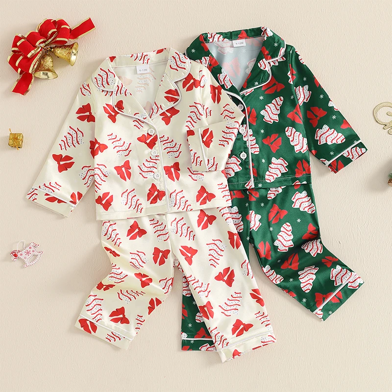 6M-4Y Ragazze Albero di Natale Fiocco Stampa 2 pezzi Pigiama in raso Pigiama Set Camicia con risvolto a maniche lunghe + Pantaloni in vita elastica Indumenti da notte