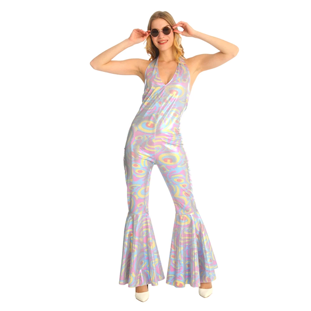 Jumpsuit Hippie - Kostum Halloween perak yang mempesona untuk pesta koktail, pertunjukan panggung, kostum disko gaya busana