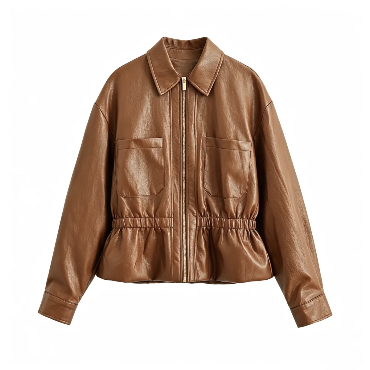 Ladies Fashion Winter Jackets Chic Faux Leather Lapel Coat Front Zip Pockets Long Sleeves Elegant Autumn Party Brown Jacket Hot