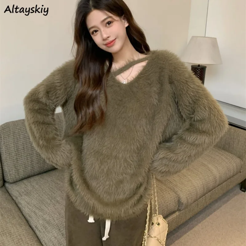 

Pullovers Women Korean Fashion Sweater Tender Fluffy Skin-friendly Thickening Plus Velvet Baggy All-match Casual Elegant Mujer