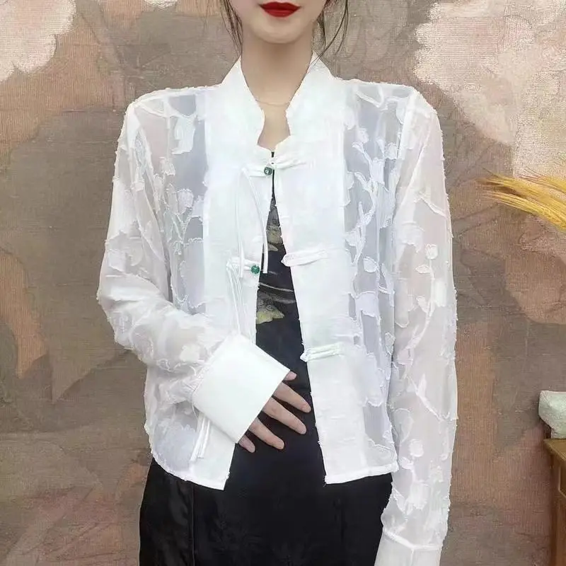 2024 New Y2K Summer Elegant Fashion Loose Casual Retro Chinese Style Women\'s Shirt Turtleneck Collar Long Sleeve Chic QIPAO Tops