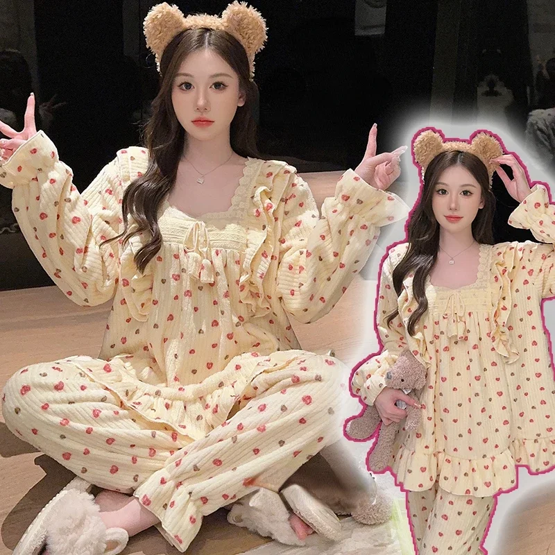 Sweet Cartoon Print Velvet Flannel Pajamas Set Autumn Winter Women Long Sleeve Tops Pants Loungewear Sleepwear Warm Home Wear