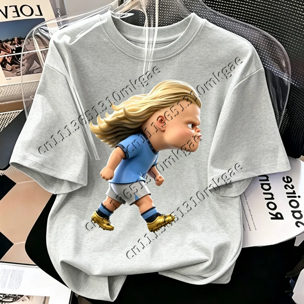Herren Damen Freizeit Kurzarm T-Shirt Niedliche Q-Version Haaland Cartoon Fußballstar LooseTops Sportfans Kinder Alltags-Shirts – Detail 6