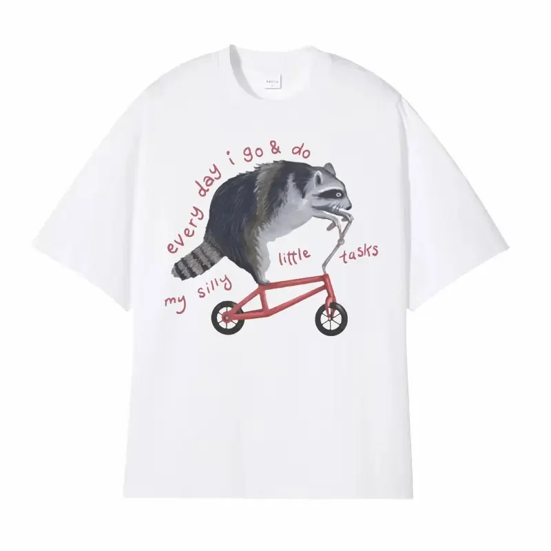 Funny Raccoon on Bicycle Meme Tee Shirt Men Women Casual Retro Cartoon T-shirt Summer Casual 100% Cotton Oversized T Shirt Tops