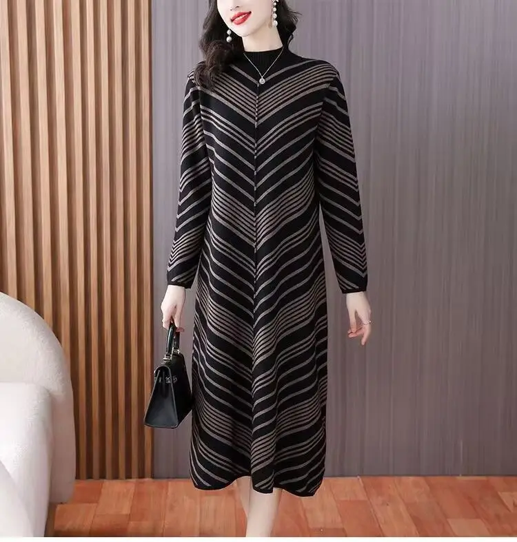 فستان أنيق مخطط منسوج برقبة عالية وأكمام طويلة للنساء موضة الخريف والشتاء فستان طويل مناسب ومضيئ مع #4