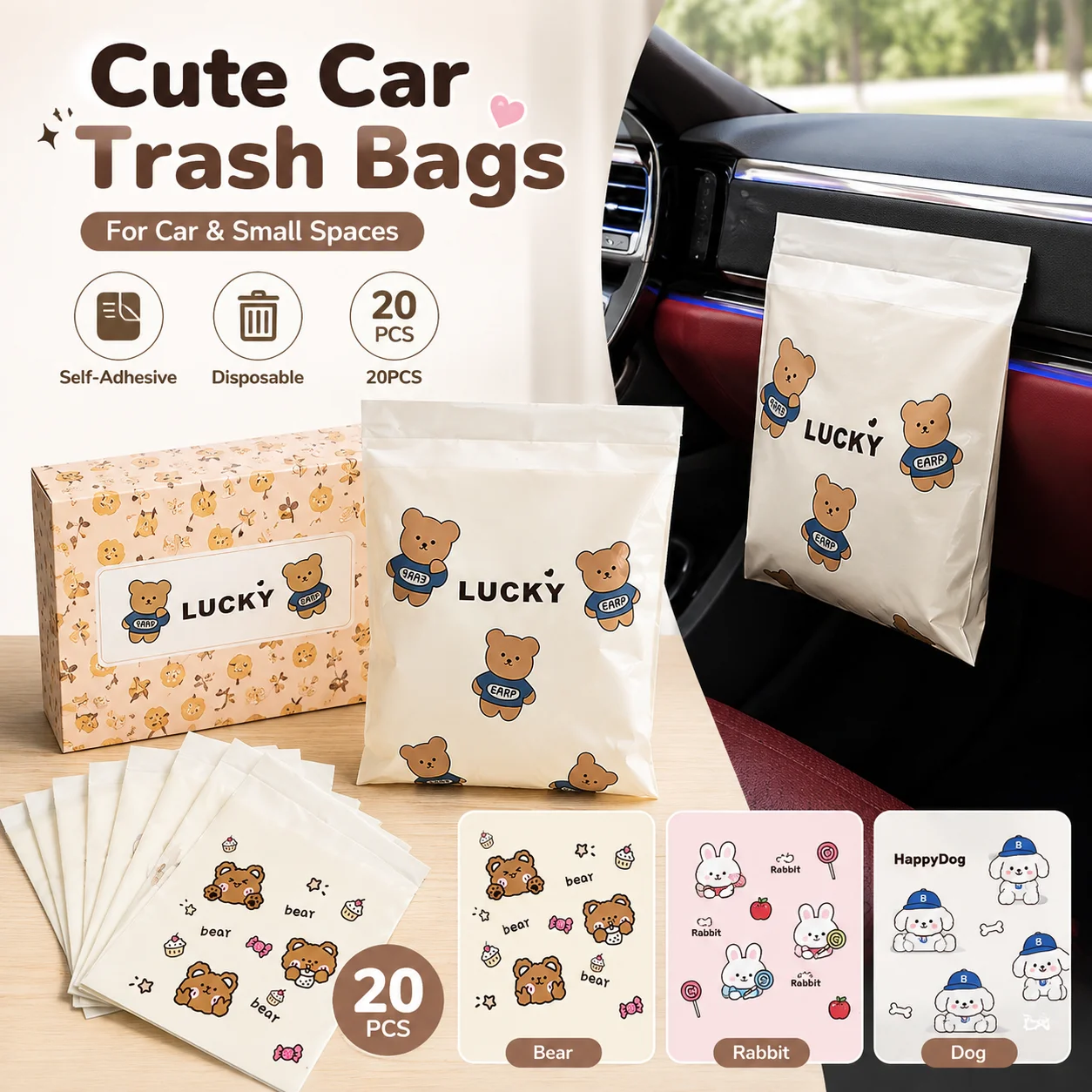 Cute Car Accessories Trash Bags 20PCS Cartoon Pattern Disposable Waste Bags for Vehicle Interior Organizer
