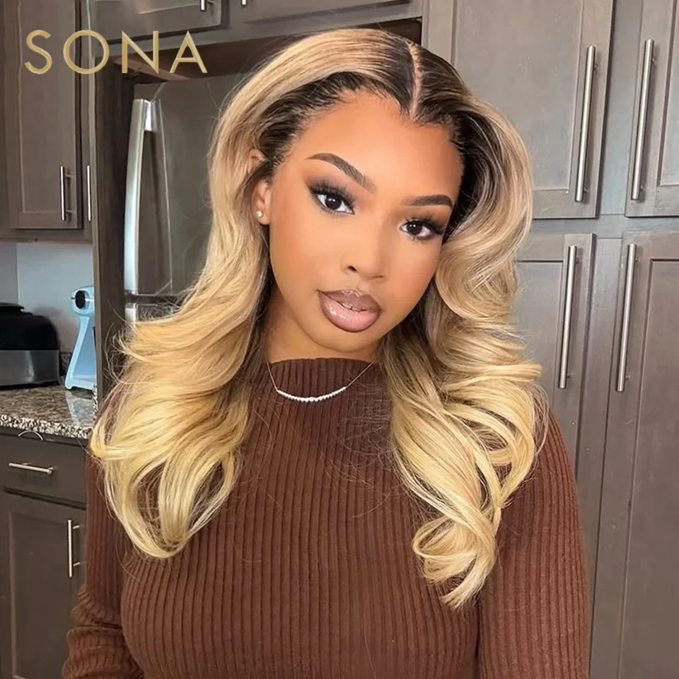 Ombre Blonde Dark Root Body Wave Lace Frontal Wigs Human Brazilian Hair Pre Plucked 180 Density Transparent Lace 1B/27 For Women