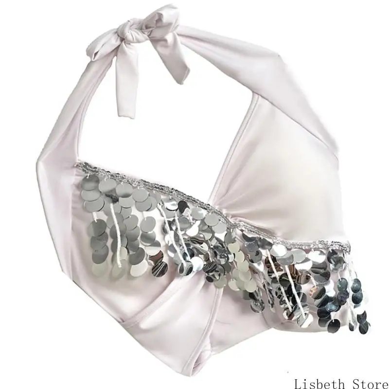 124A Belly Dance เครื่องแต่งกายสำหรับผู้หญิง Belly เต้นรำ Glitter Bra Tops Sequins Fringes Tassels Halter Tops