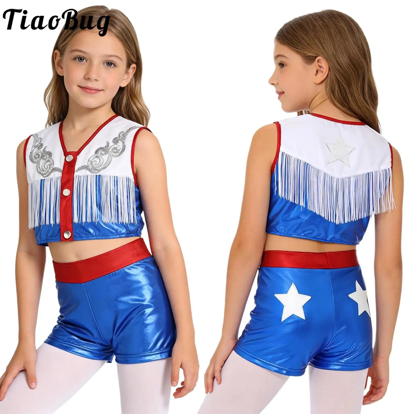 

Girls Western Cowgirls Outfit Jazz Dance Costume Metallic Sleeveless Fringed Top Shorts Set for Fancy Ball Theme PartyHallowoeen