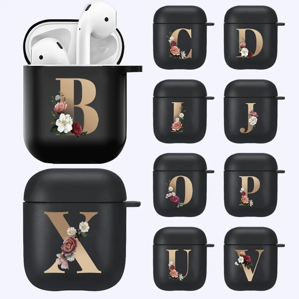 

Earphone Case for Apple Airpods 1st/2nd Gen Anti-fall Floral Gold Letter Print Wireless Bluetooth Headphone Black Silicone Cover