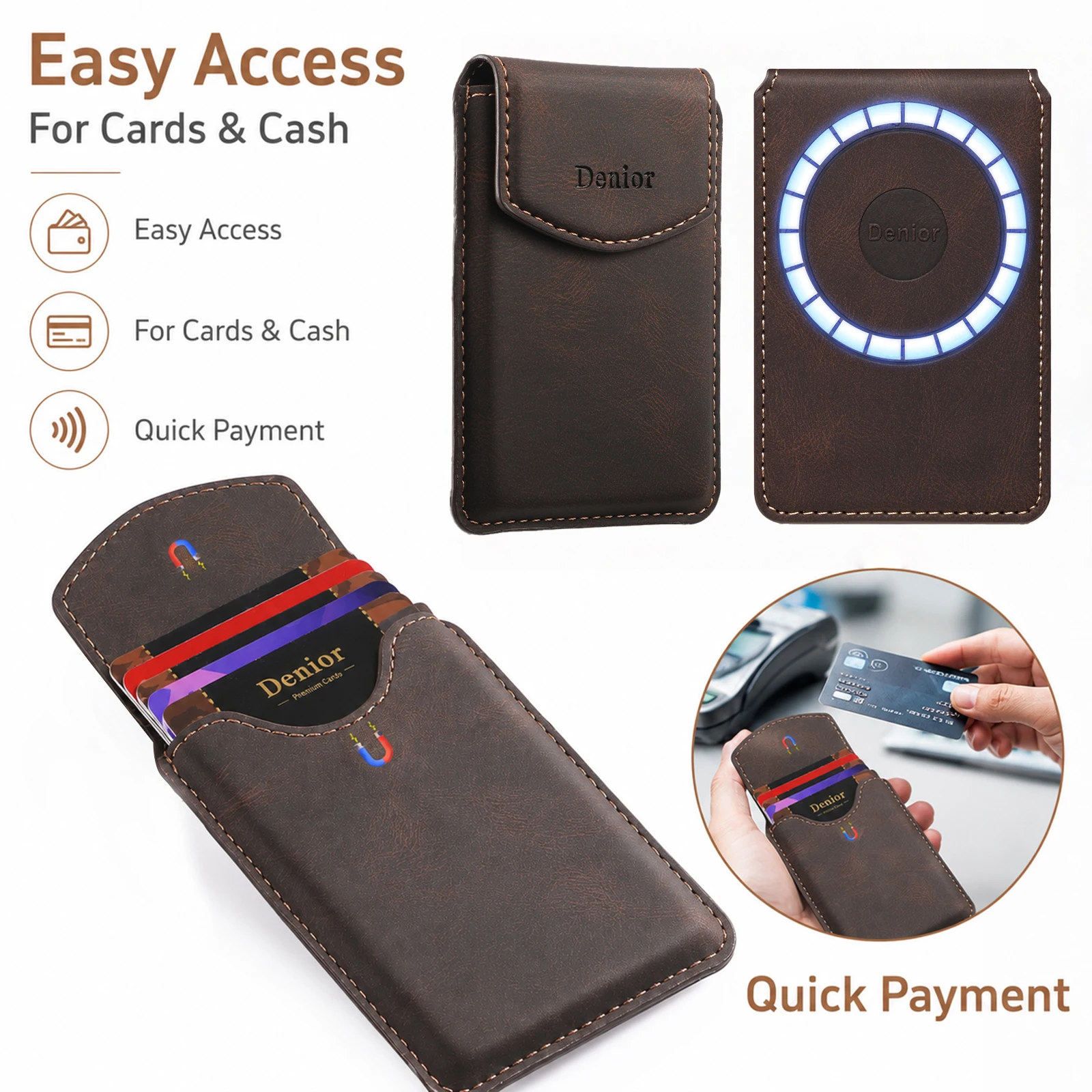 Denior PU-Leder Magnetische Handyhülle für iPhone 17 16 15 14 13 12 Pro Max Plus, RFID 4-Kartenhalter mit Schnappverschluss-Tasche – Detail 3