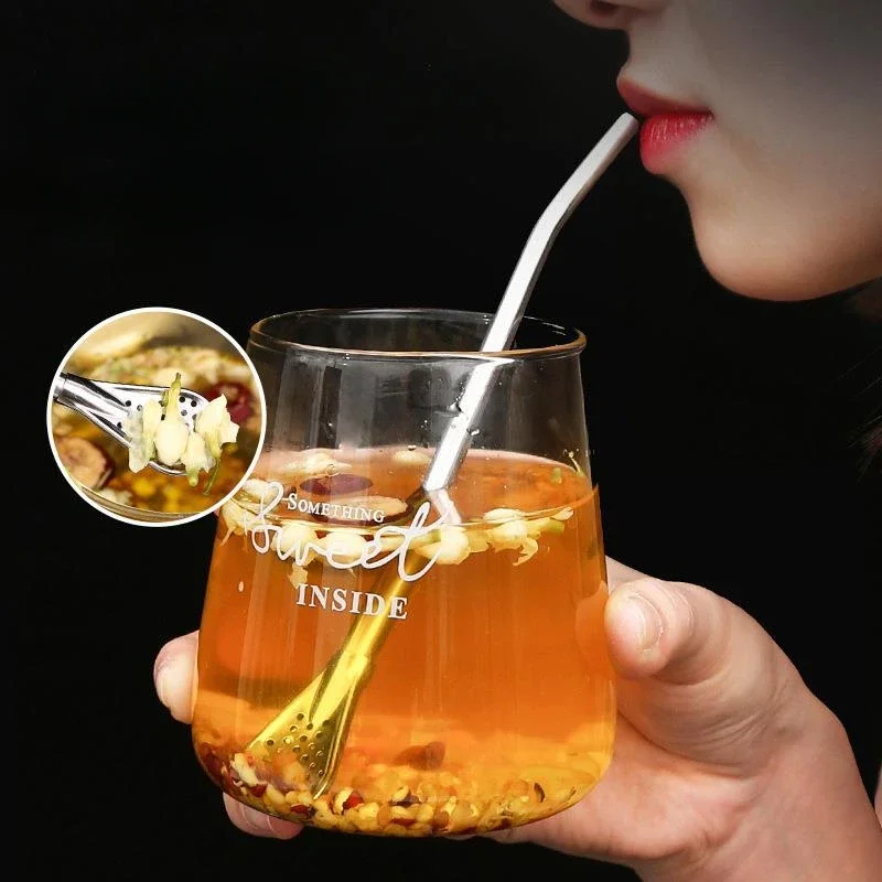 Stainless Steel Drinking Straw Spoon Tea Filter Detachable Reusable Metal Straws with Brush Coffee Stirring Juice Milk Tea Spoon