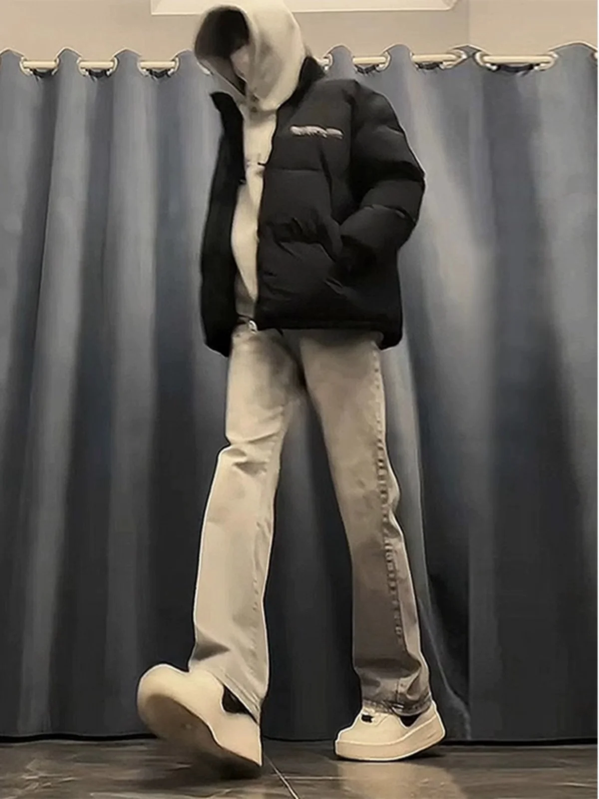 

Cement Color Men's Fce Lined High Street Slim Fit Straight Leg Jeans Trendy Brand Street Sle Winter Faion Youth