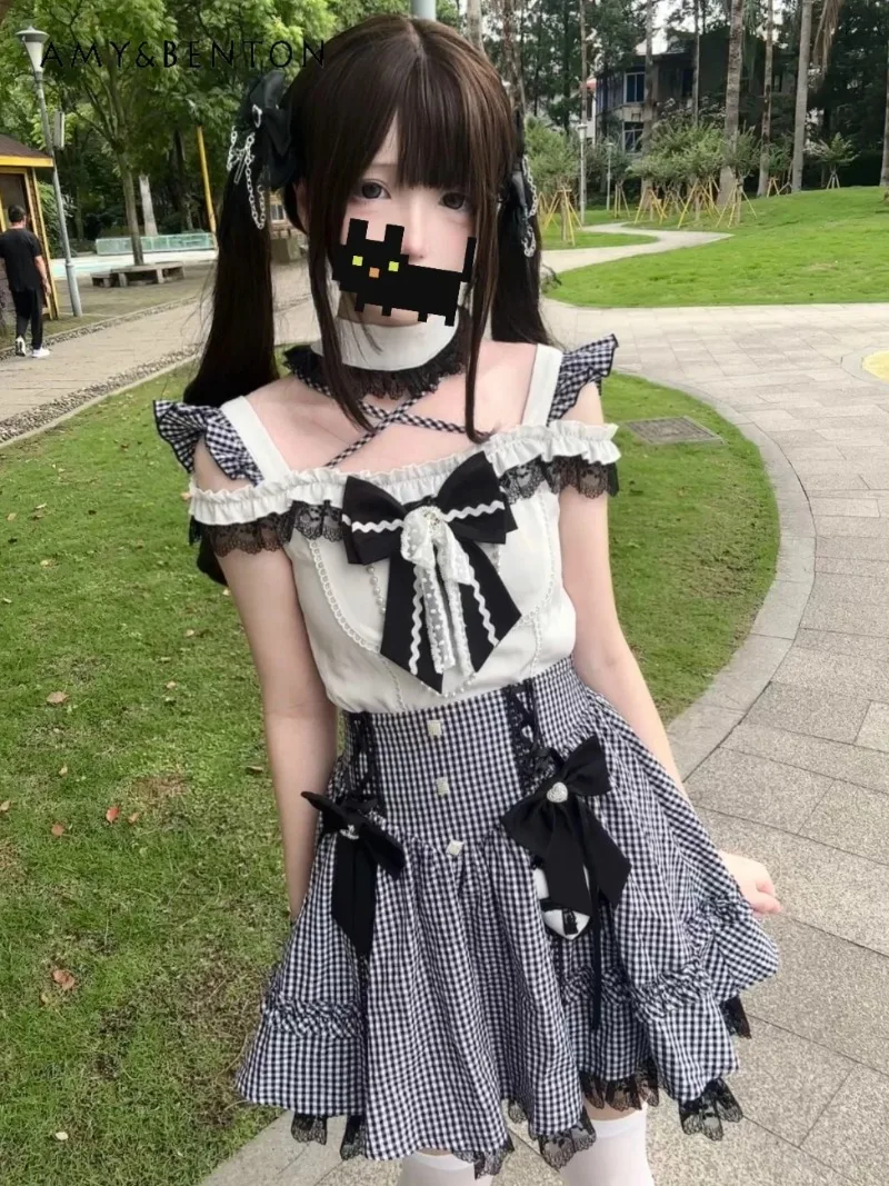 

Subculture Lolita Kawaii Lace Cross-Neck Bow Short-Sleeve Knitted Top Tutu Skirt Sets Japanese Mine Series Mass-Produced Suit