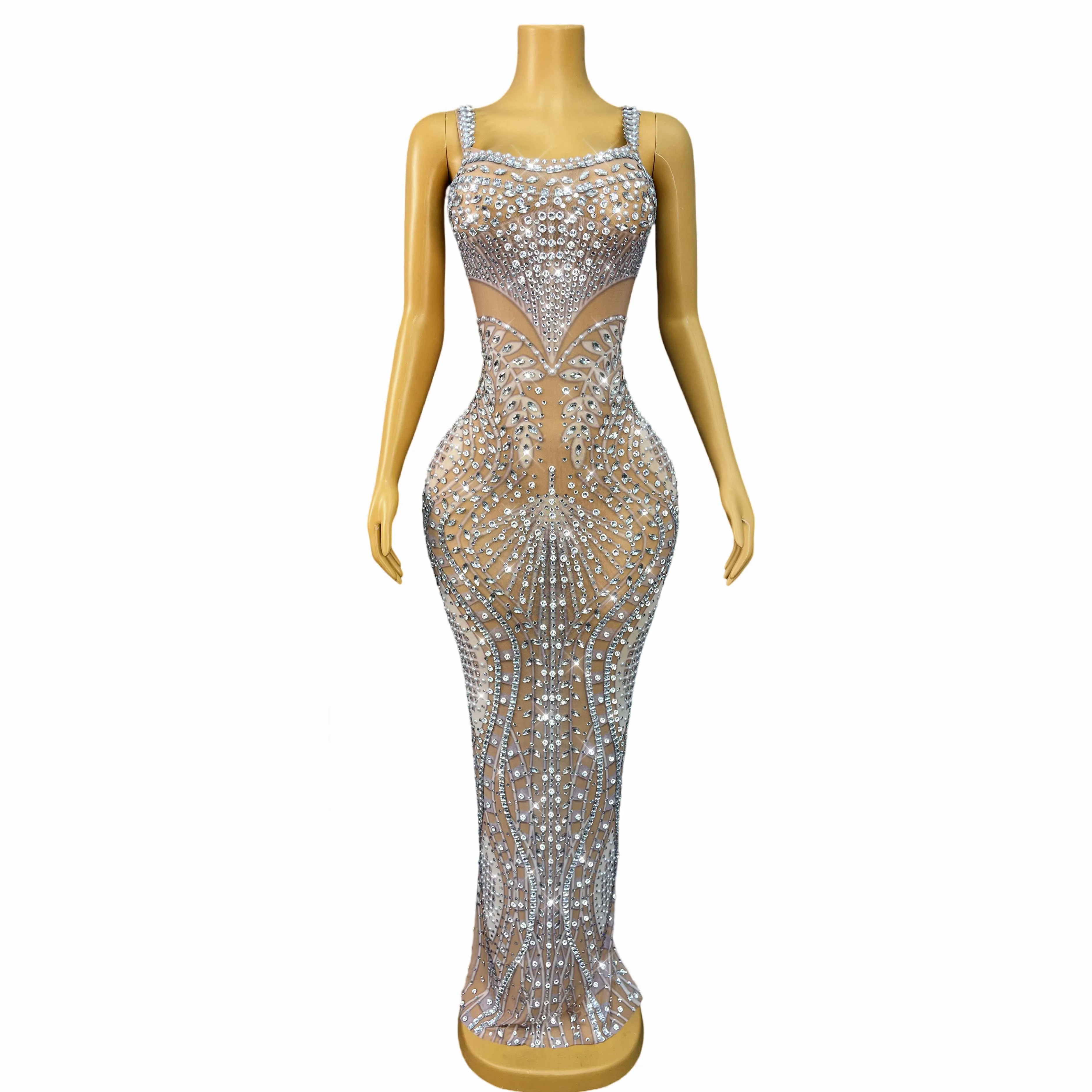 

Luxury Fashion Gown Sparkly Rhinestones Sexy Nude Mesh Suspenders Dress Women Evening Party Red carpet Elegant Outfit Bailu