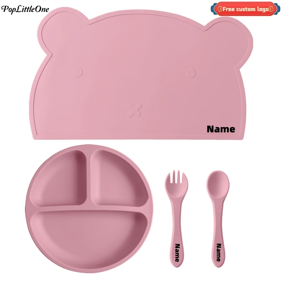 

Customized Name 4PCS Baby Silicone Tableware Set Cartoon Shape Placemat Sucker Dishes Plate BPA Free Spoon Fork Baby Stuff