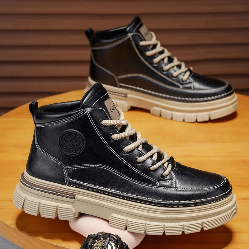 

British Style Men's Ankle Boots Classic Fashion Black Leather Boots For Men Biker Boots Outdoor Non-slip Platform Casual Boot