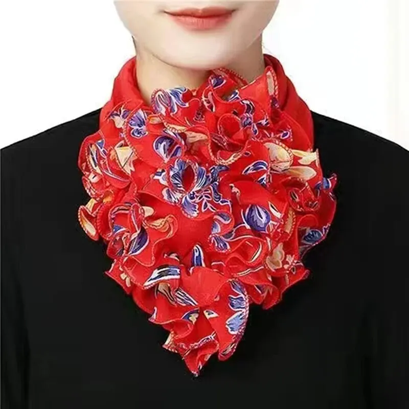 Floral Print Chiffon Neck Collar Ruffles Fake Collar Elegant Women Neckerchief Detachable Neck Warm Instant Scarf 23*14cm