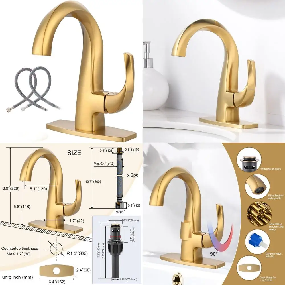 

Gold High-Arc 1-Hole Solid Brass Bathroom Sink Faucet with Pop-Up Drain for Vanity Basins (Patented)
