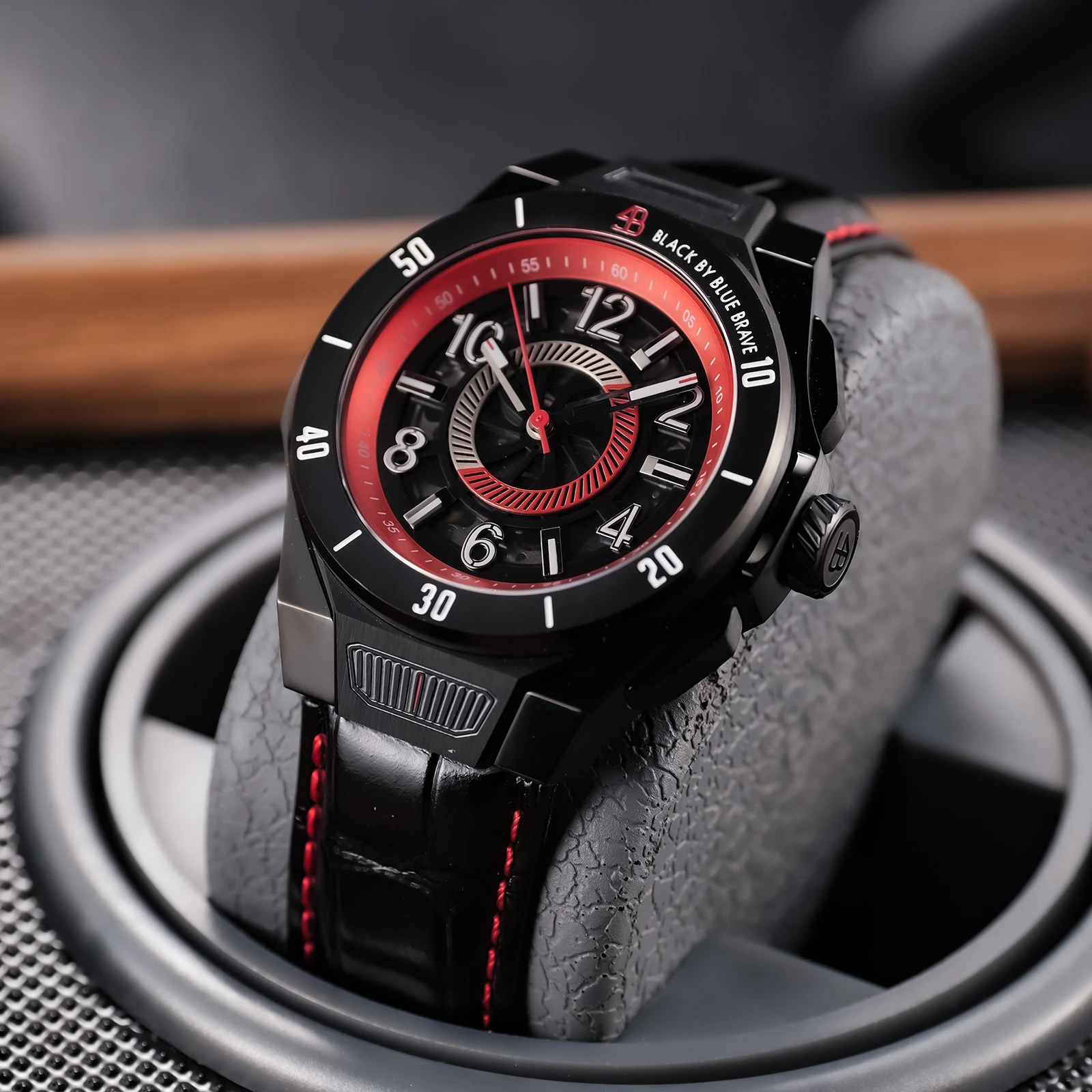 OBLVLO Marke Herren Schwarz PVD Große Ziffern Analog Automatische Uhren Mode Lederband Wasserdichte Mechanische Sport Uhr CAM-4B