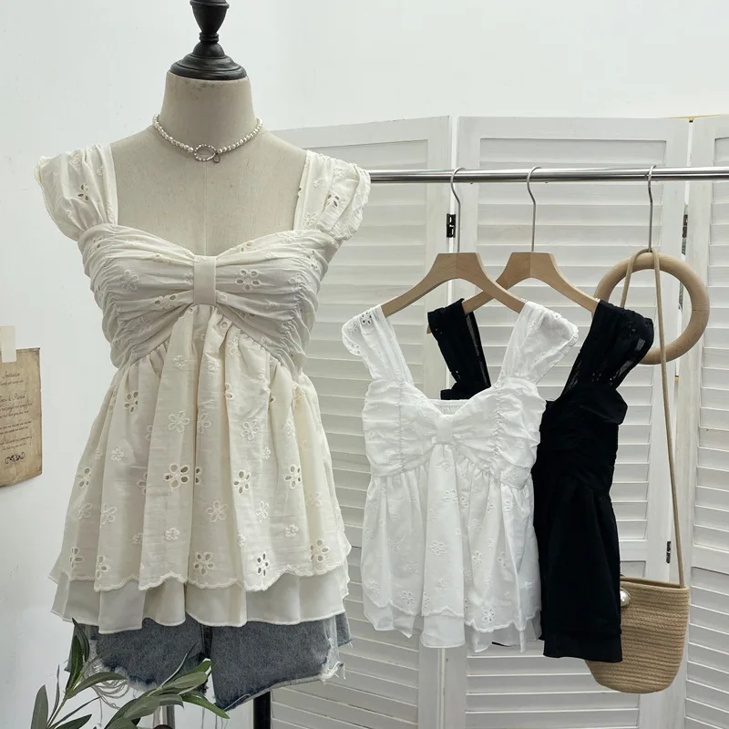 Elegant Resort Style Strap Vest With Bow Ruffles Jacquard Embroidery Dolly Style And Smocked T-shirt Trendy Sleeveless Top 9561
