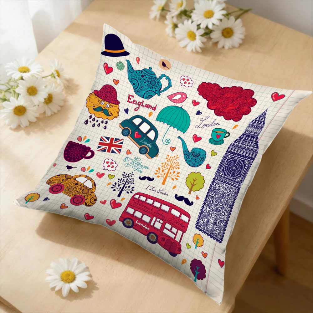 1Pc British Style Multicolor London Bus Big Ben Print Soft Fabric Cushion Cover for Sofa Bedroom Decor