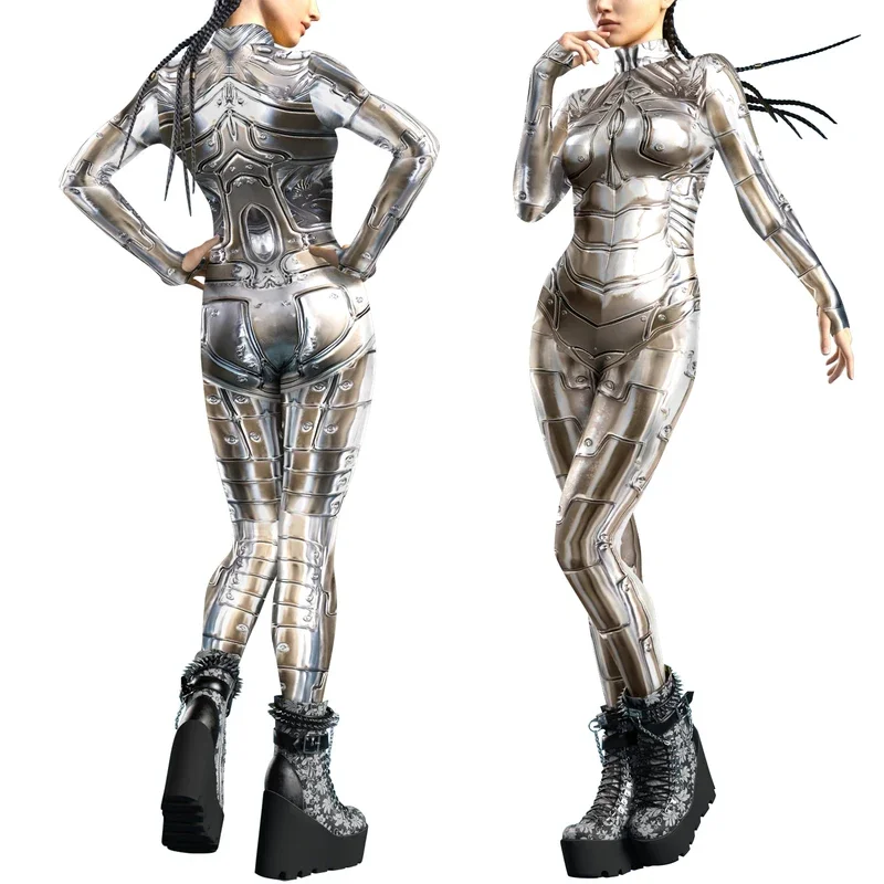 Women Sexy Mechanical CyberPunk Jumpsuit Catsuit Zipper Bodysuit Halloween Game Party Costume Female Cosplay Zentai Outfit