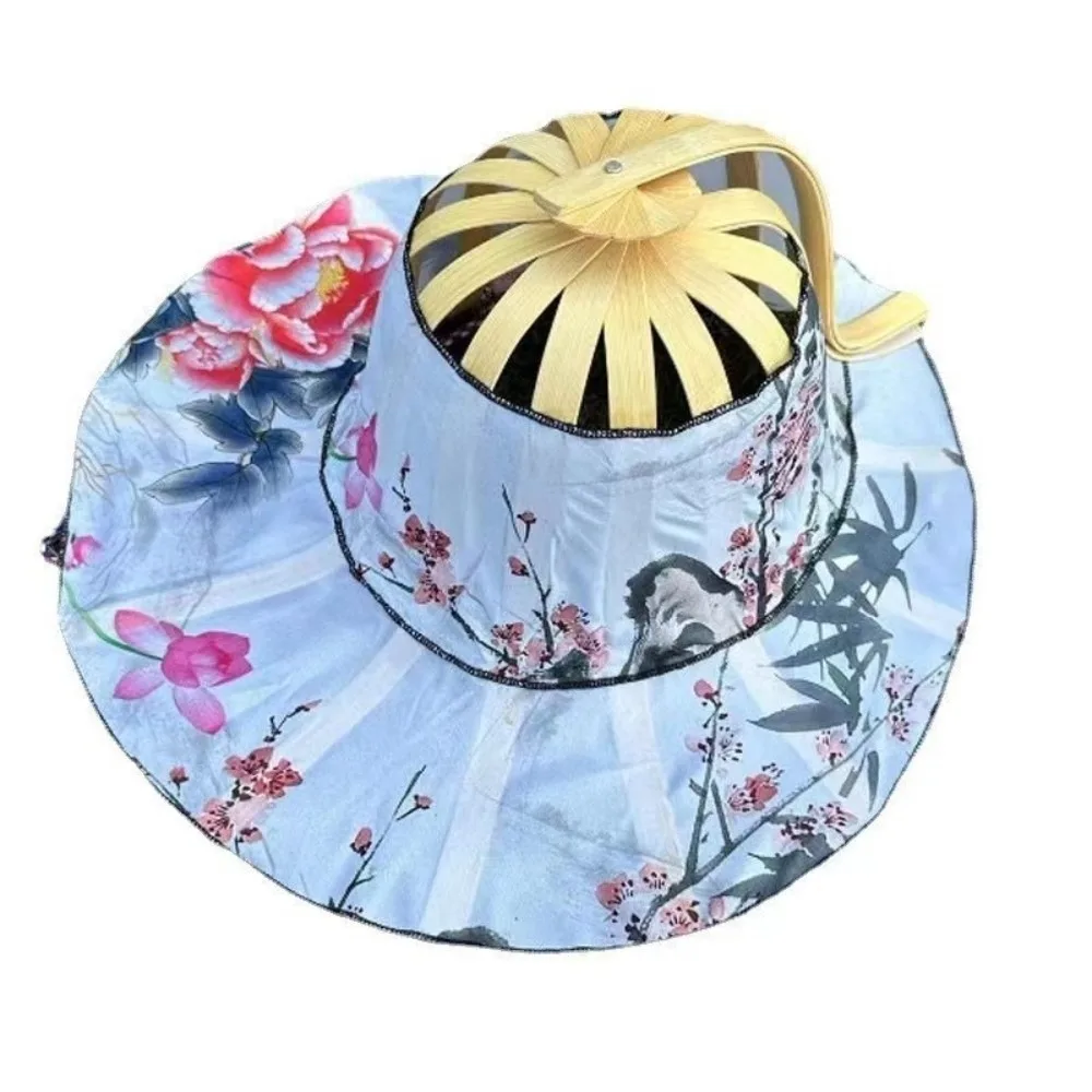 

Portable Wide Brim Folding Fan Hat Floral Printed UV Protection Fan Sun Hats Chinese Style Foldable Bamboo Sunscreen Cap Summer