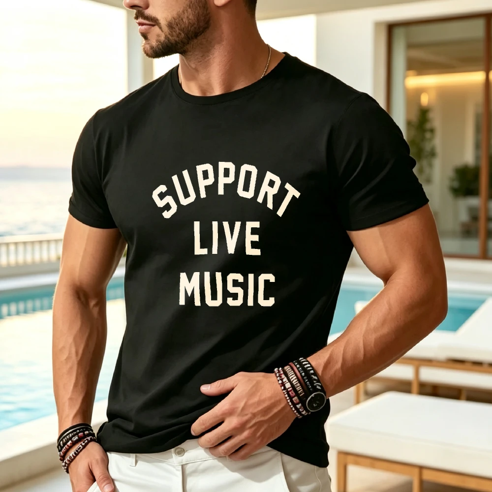 Support Local Musicians And Bands with This Trendy Unisex T-Shirt Featuring a Cool Design Made from Comfortable Fabric. It Has a Round Neck And Short Sleeves, Perfect for Music Lovers. Retro Casual Crew Neck Printed T-Shirt