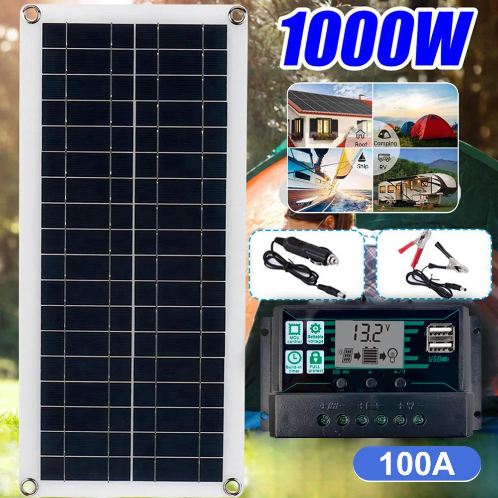 Solar Panel Kit Outdoor DC 12-18V 100A Controller Solar Charging Panel for RV Boat Car Home Charger Outdoor Battery Supply