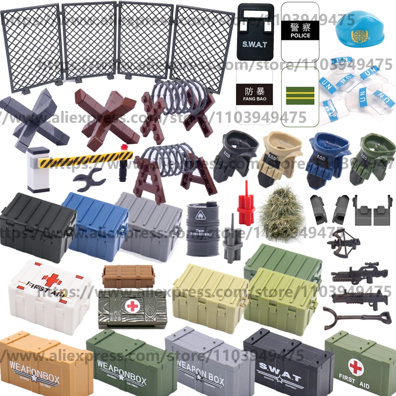 Military Scene Building Blocks UN SWAT Weapon Accessories Firearm Vest Oil Drums Bomb Weapon Box Roadblock Iron Mesh Railing Toy