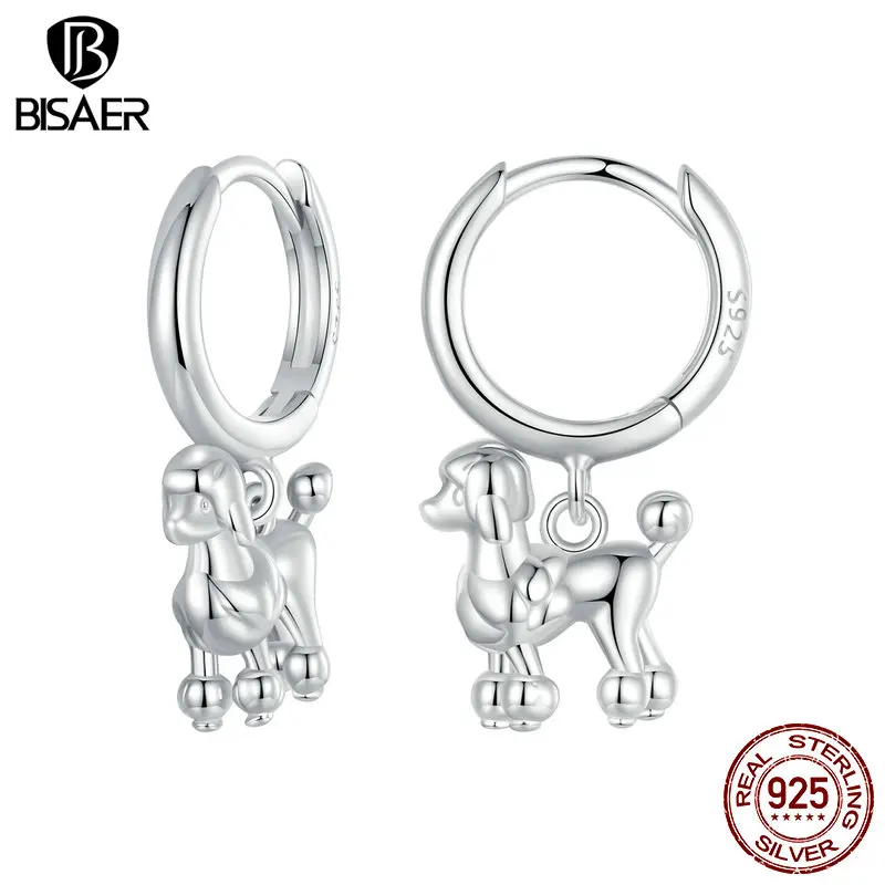 BISAER Real 925 Sterling Silver Cute Poodle Ear Buckles Pet Dog Hoop Earrings Plated White Gold for Women Party Fine Jewelry