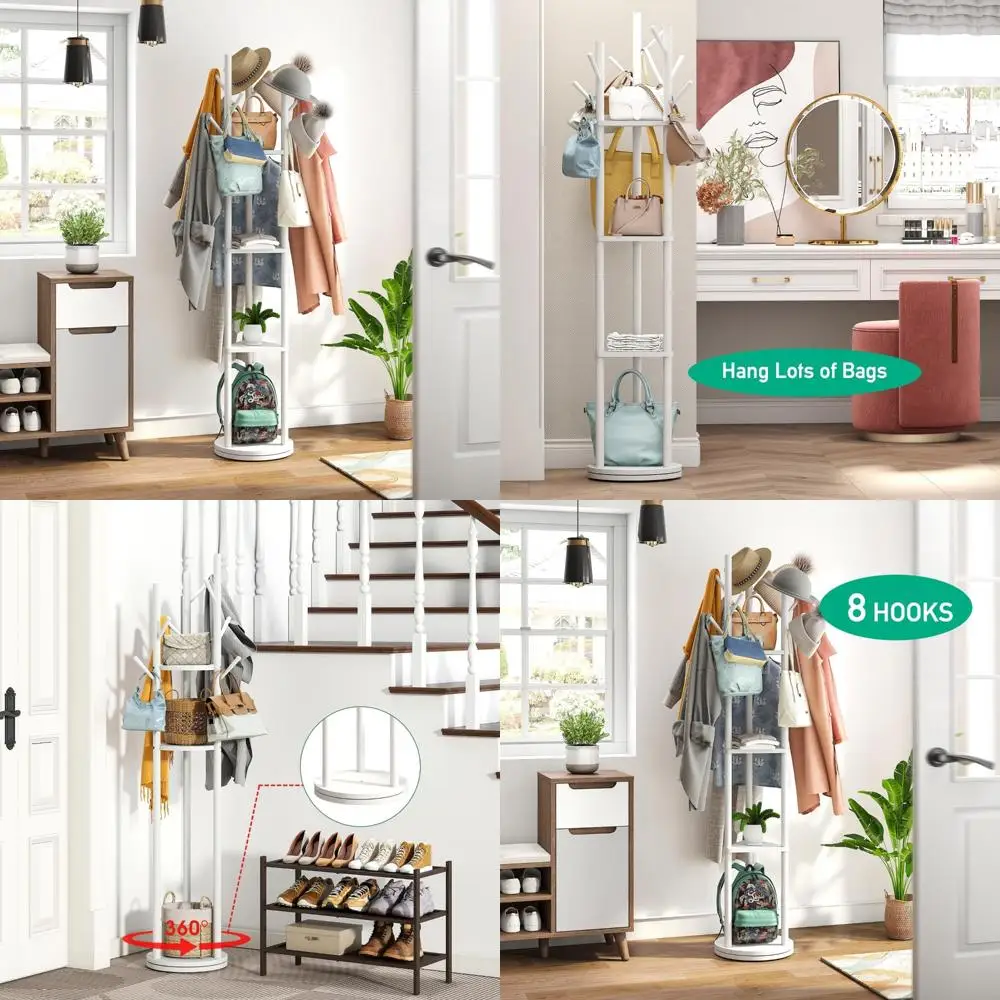 

Large Freestanding Bamboo Coat Rack with 8 Hooks for Entryway, Perfect for Hanging Clothes, Bags, and Hats