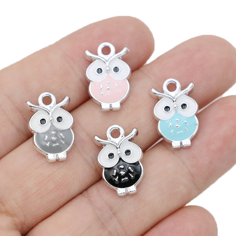 10 Uds. De dijes de búho esmaltados chapados en plata, colgante para hacer joyas, pendientes, pulsera, collar, accesorios, manualidades DIY, 19x12mm