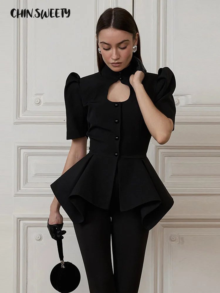 Elegante Abrigo Sólido para Mujer con Manga Corta Abullonada y Diseño Hueco en la Cintura, Top de Dama Cerrado, Moda Primavera Verano 2026, Ropa Urbana Femenina