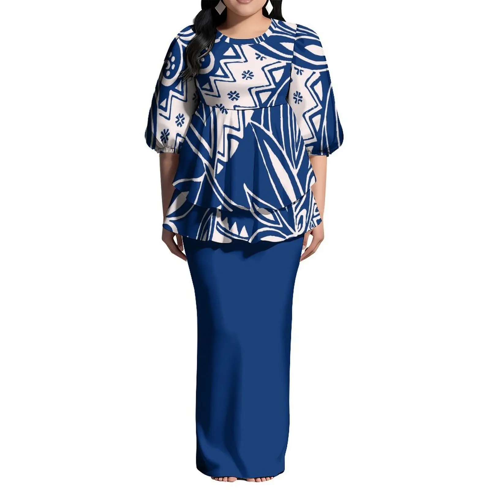 

Comfortable Fabric Puffed Sleeves Round Neck Double-Layer Hem Puletasi Suit Dress Polynesian Custom Women'S Dress
