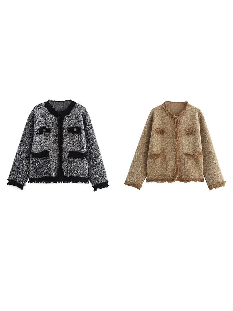 

Women's clothing 2024 winter European and American style fashion small round neck raw edge knitted sweater coat cardigan