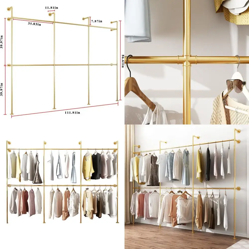 

Прочная металлическая вешалка для одежды с двумя перекладинами, настенная, экономящая место, золотистого цвета.